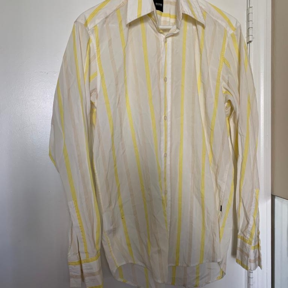 Boss Men's White and Yellow Striped Shirt